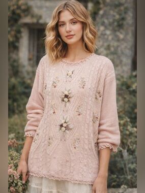 Vtg Shenanigans Cottagecore Floral Sweater M Pink Coquette Anthropologie Style